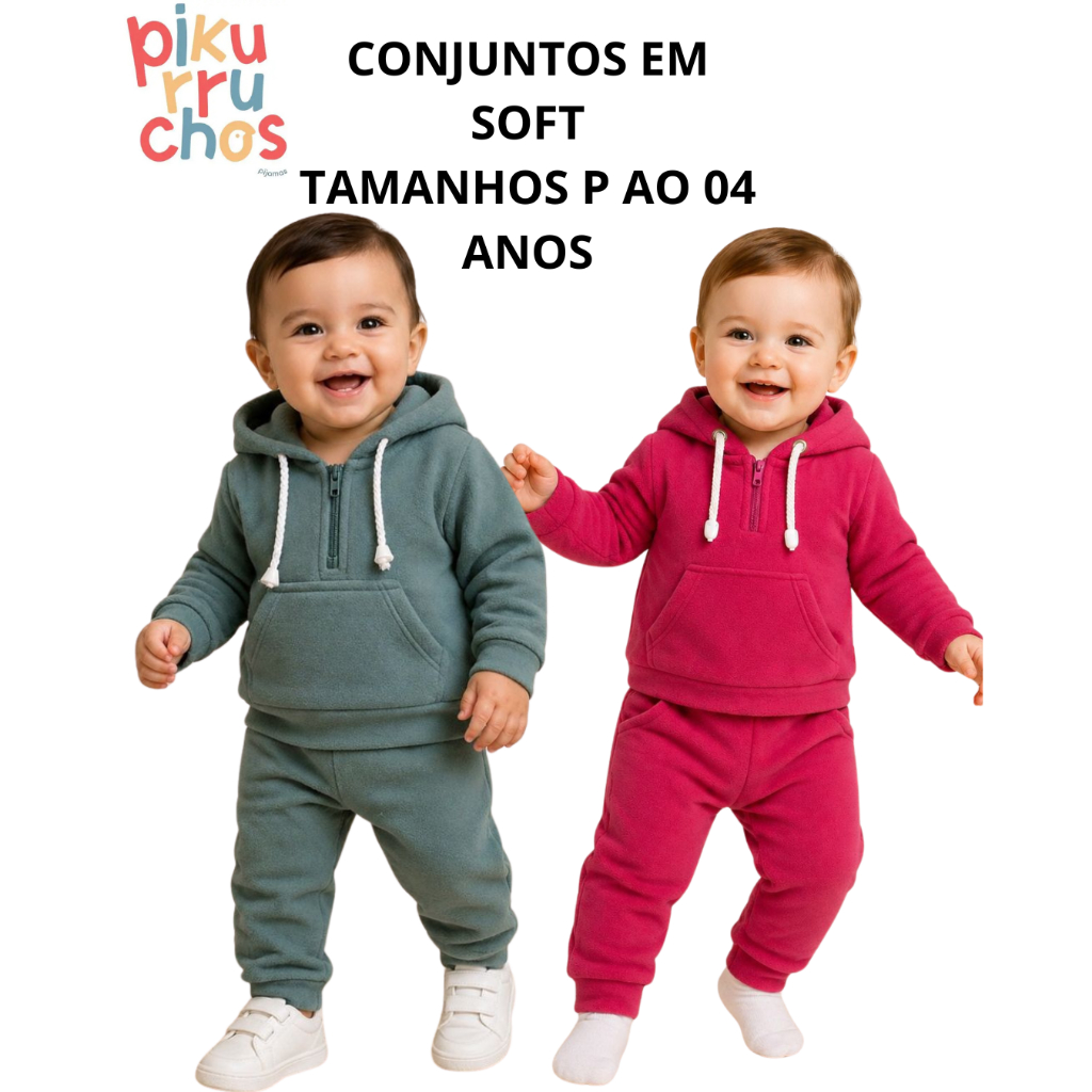 Conjunto Infantil Soft Bebê Pikurruchos com Capuz, Quentinho e Confortável Inverno Menino/Menina