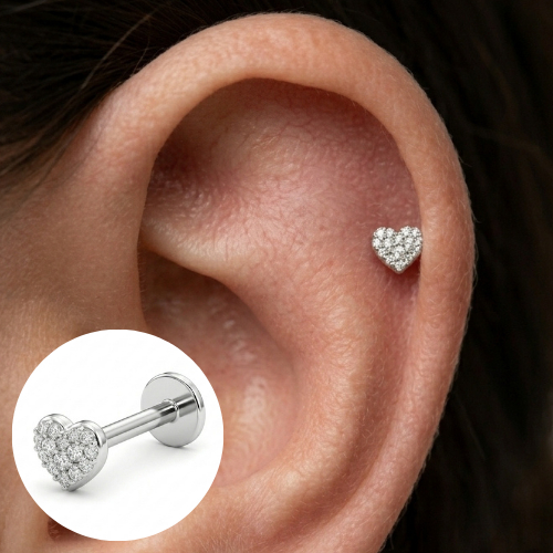 PIERCING CORAÇÃO CRAVEJADO PRATA 925 - HELIX TRAGUS ORELHA