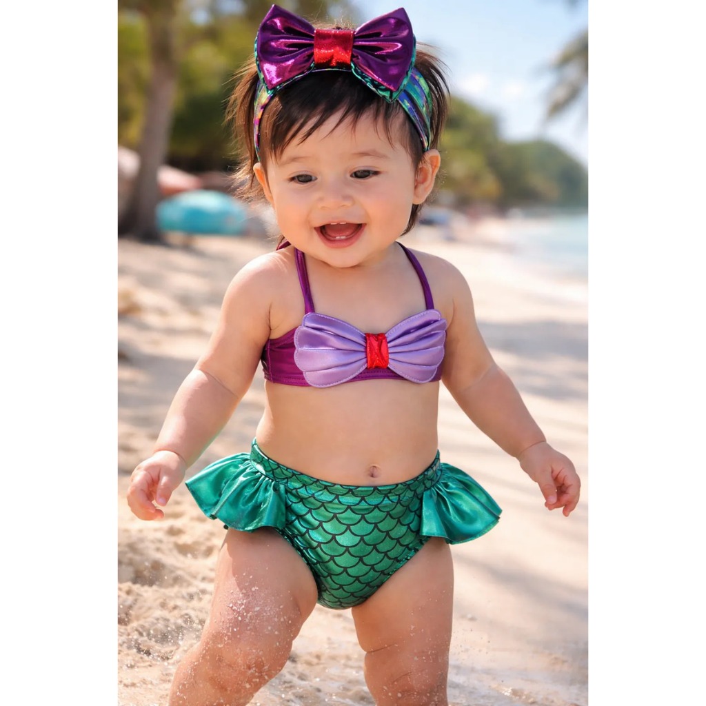 Biquíni Maiô Fantasia Princesa Sereia Ariel com Laço Meninas Praia Infantil Luxo Colorido Roupa de banho Verão Fucsia