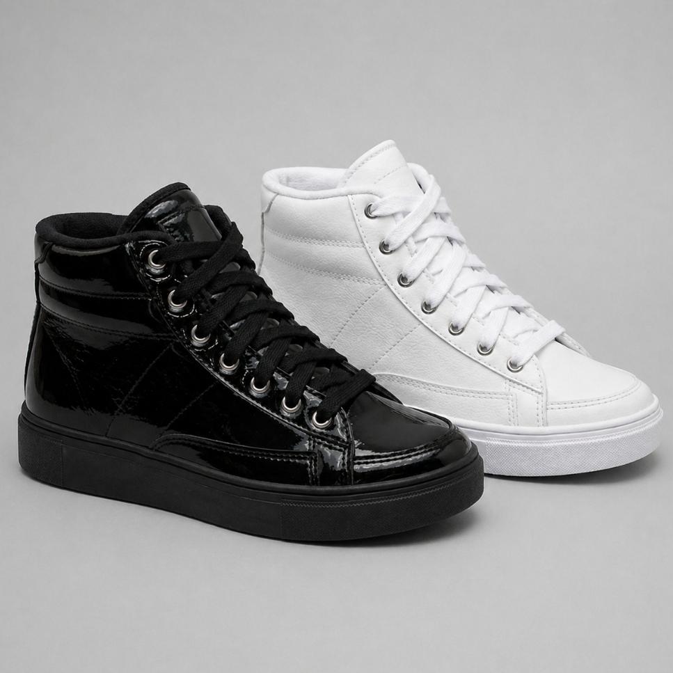 Tênis Feminino Casual Sneaker Botinha Cano Alto Sapato Branco e Preto Confortável - Promoção !