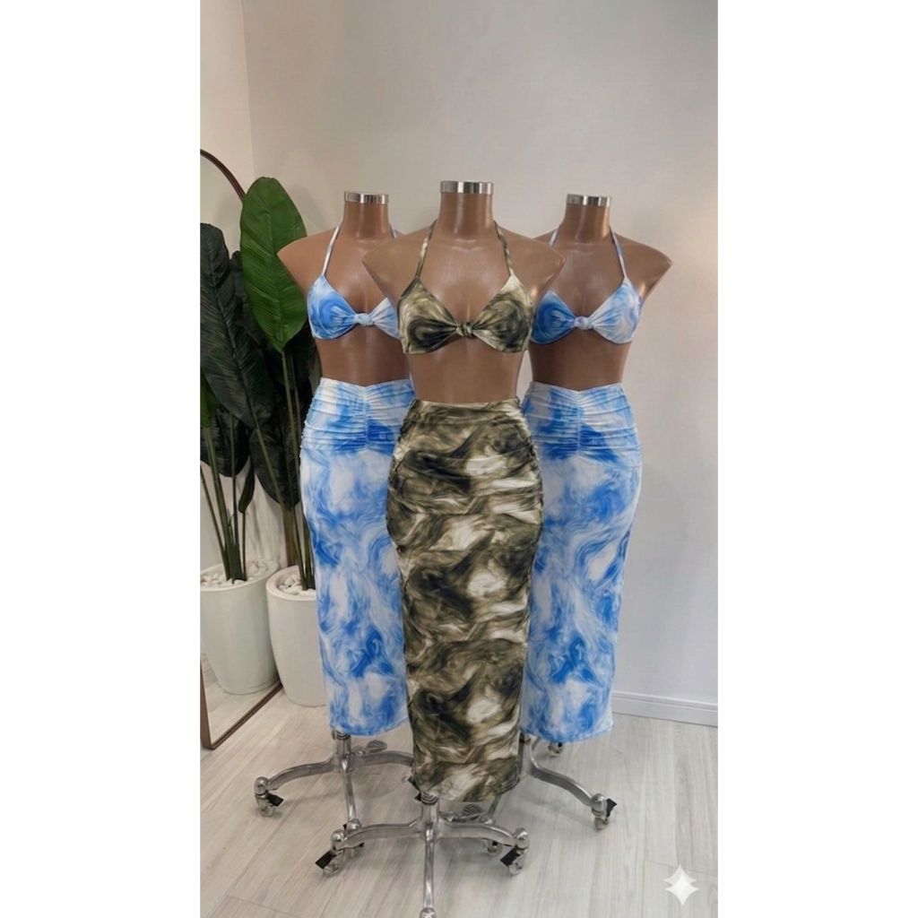 CONJUNTO MIRELA - Conjunto feminino estampado tie dye estampa tendencia saia midi longa + cropped com amarração  blusa