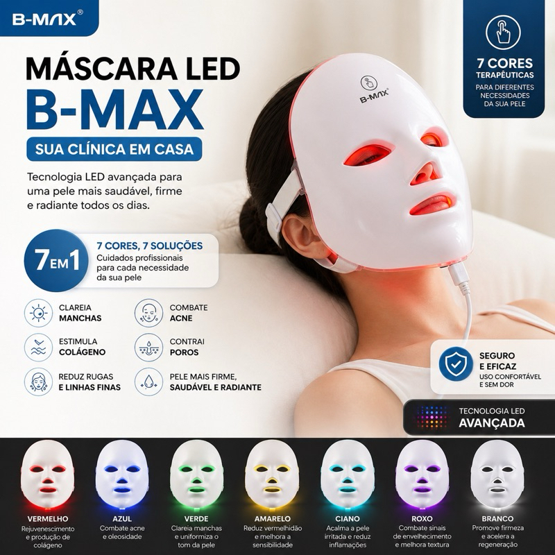 Máscara LED Facial 7 Cores Fototerapia B-MAX Rejuvenescimento Acne e Manchas Profissional