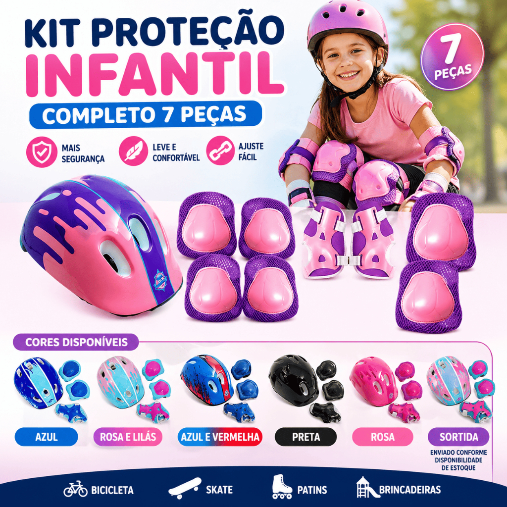 Kit Proteção Infantil Completo 7 Peças com Capacete Ajustável Skate Bike Patins Criança