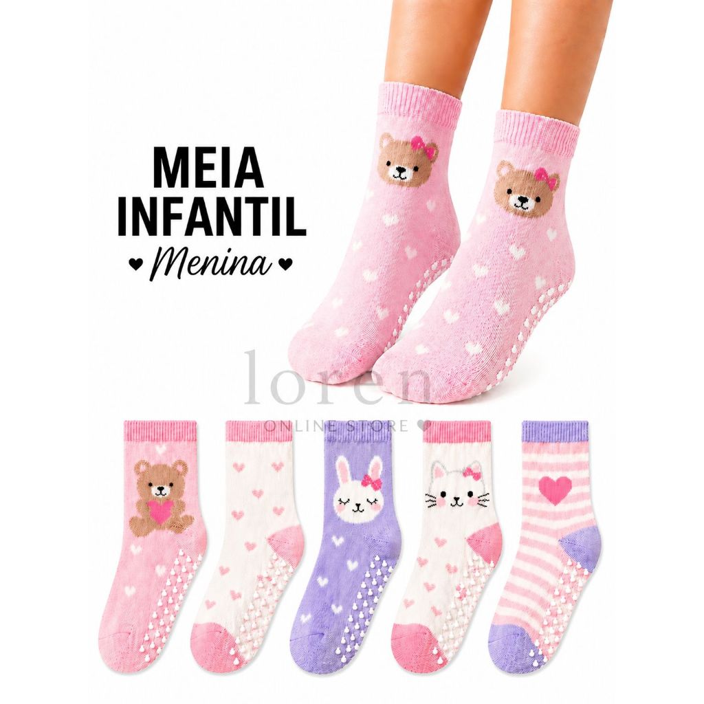 Kit Até 12 Pares De Meia Bebe Infantil Menina Antiderrapante Estampada De 0 a 08 Anos