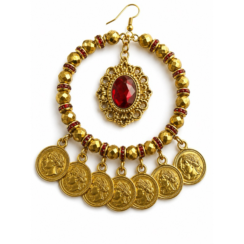 Brinco argola cigana dourado e vermelho - brinco cigano/ argola artesanal/ brinco com moedas/ brinco místico/ baralho