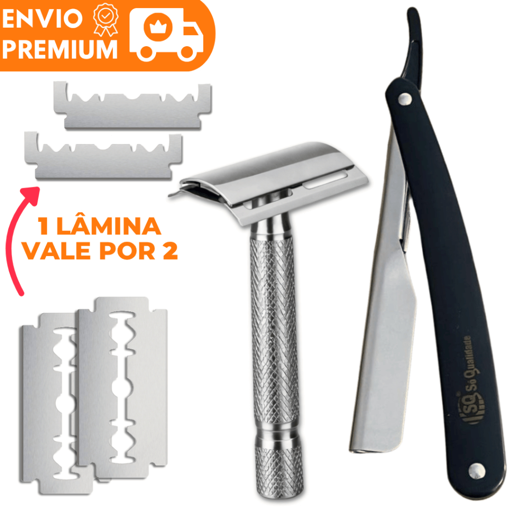 Kit Navalha Profissional Barbeador Retrô Masculino Lâminas Inox Acabamento Para Barba Sobrancelha
