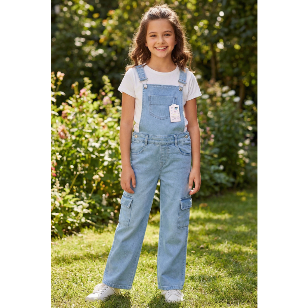 Jardineira Jeans Macacão Wide Leg Calça Flare Infantil e Juvenil Menina Bolso Cargo Lateral
