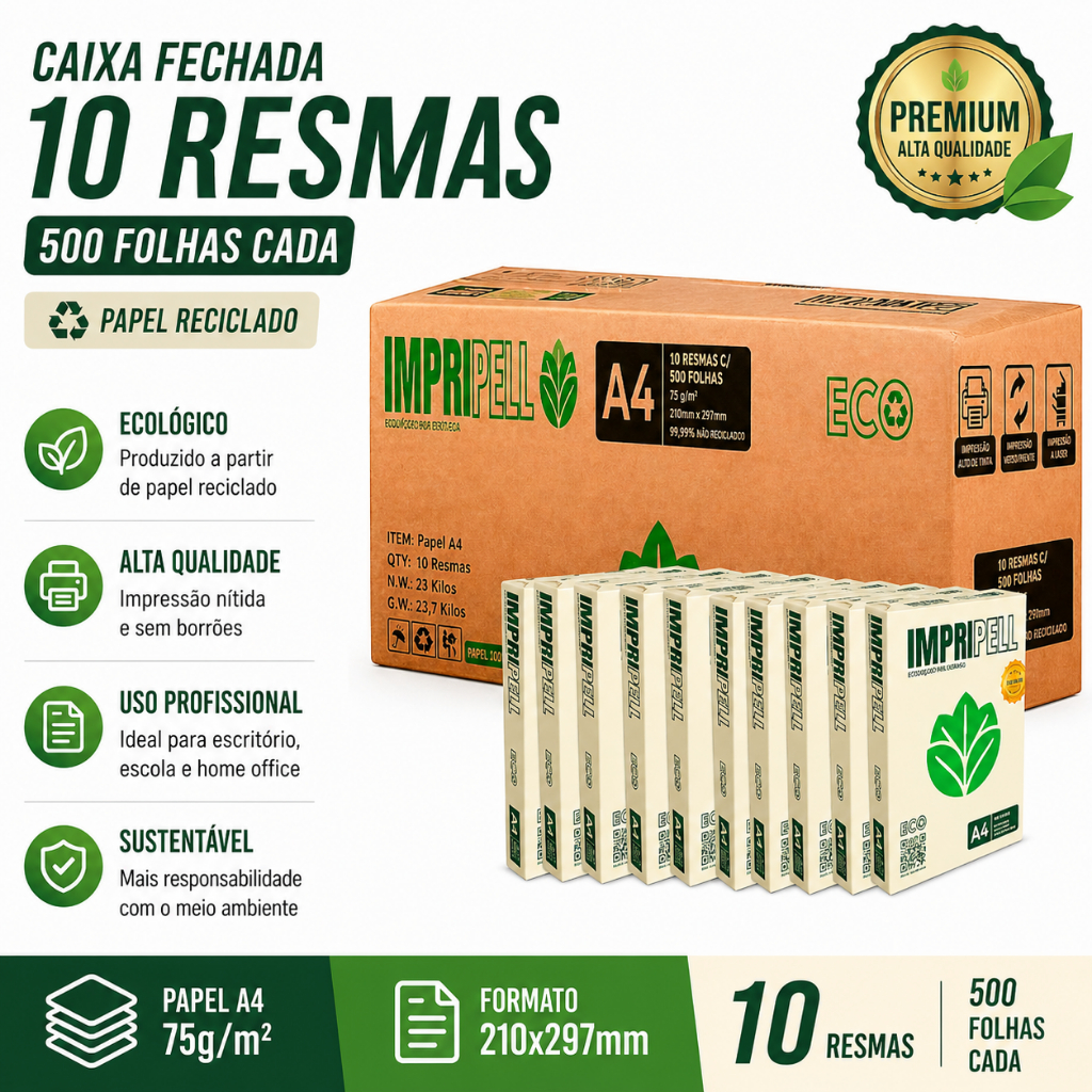 Caixa 10 Unidades Papel Sulfite A4 Reciclado Impripell 75g 5000 folhas