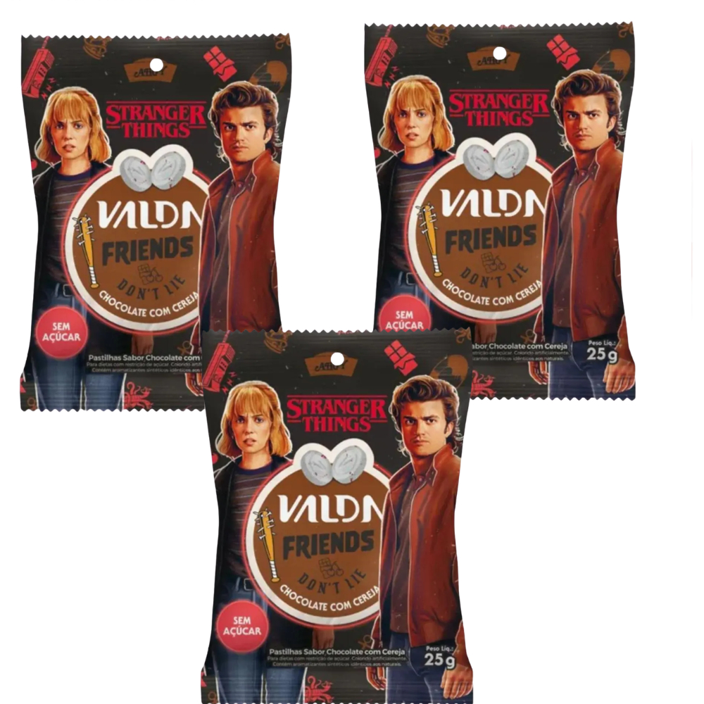 Kit C/3 Pastilhas Valda Stranger Things Friends Sachê Sabor Chocolate com Cereja 25g