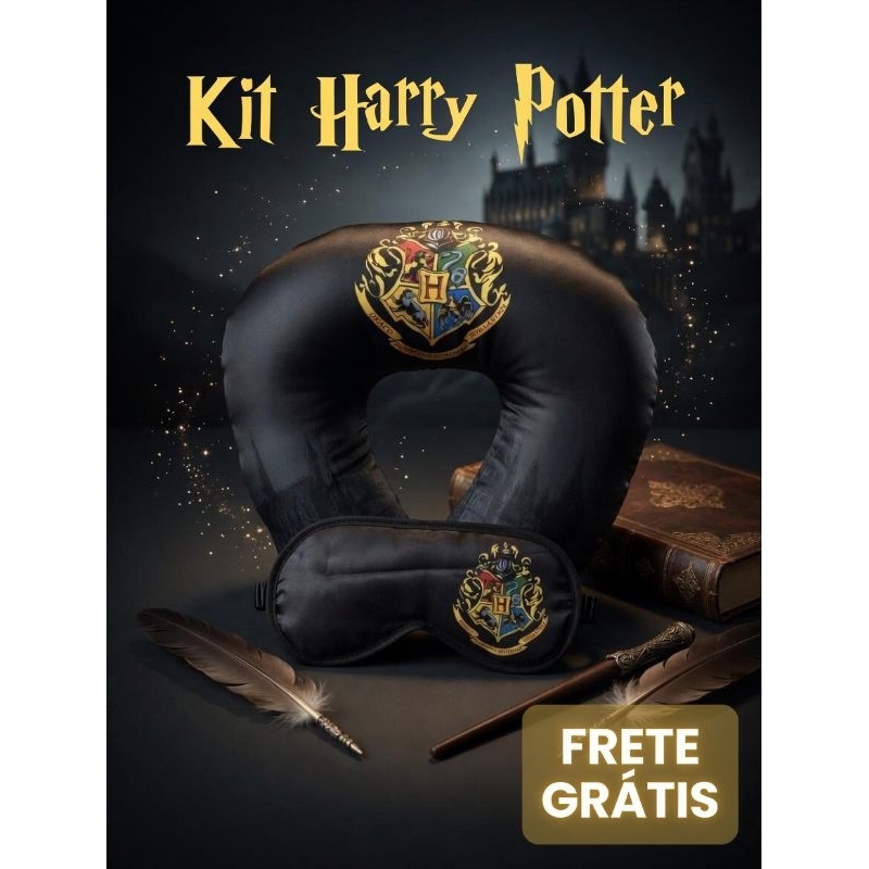 Kit Travesseiro de Pescoço Escola de Magia H.P + Tapa Olho Conforto Viagem Descanso Brasão