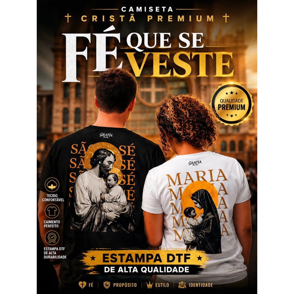 Kit 2 Camisetas Casal Católico Maria e José Unissex Algodão Confortável Cristã T-Shirt Premium