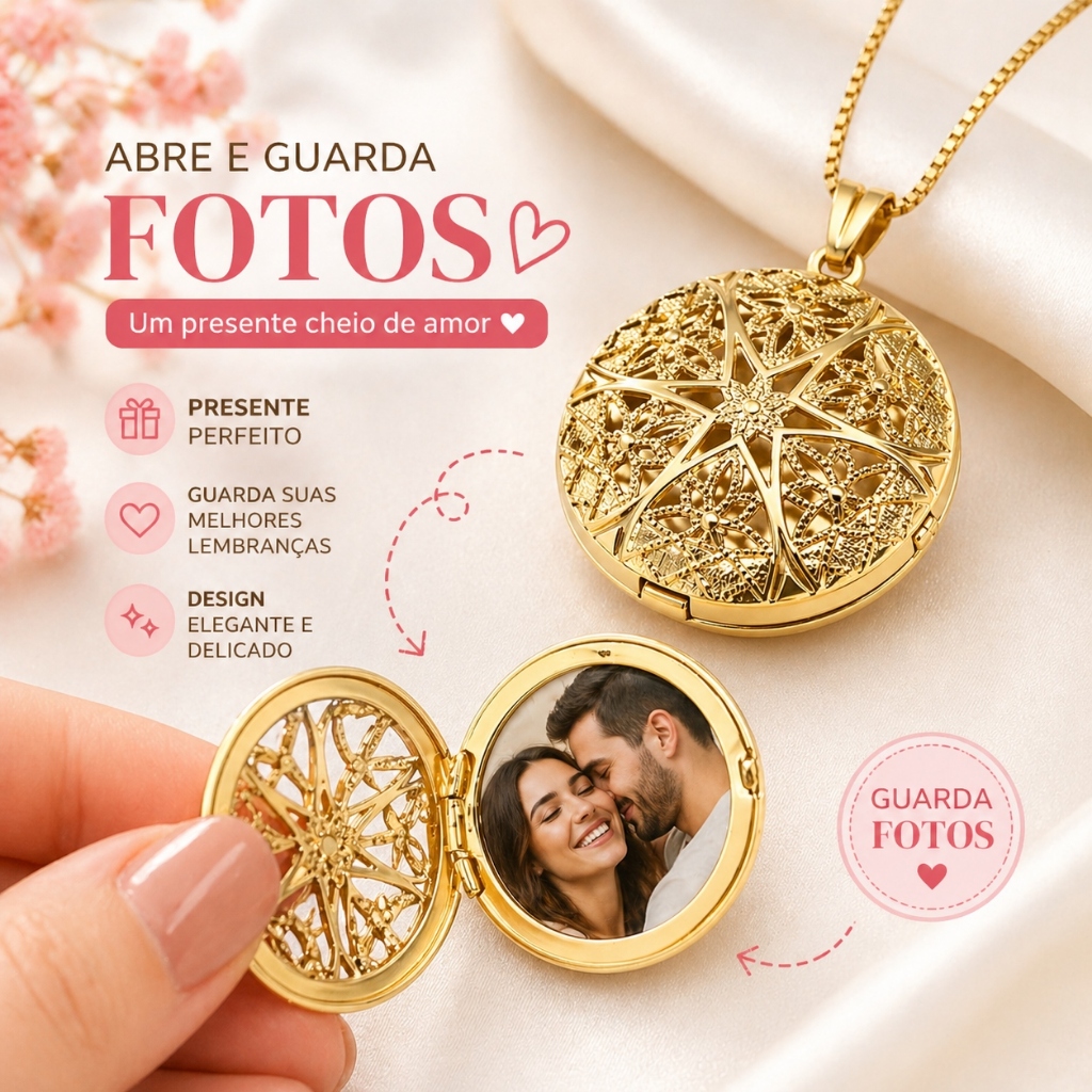 Colar Relicário Porta Foto Feminino Presente Romântico Ajustável Folheado Ouro/Prata em Oferta na Shopee