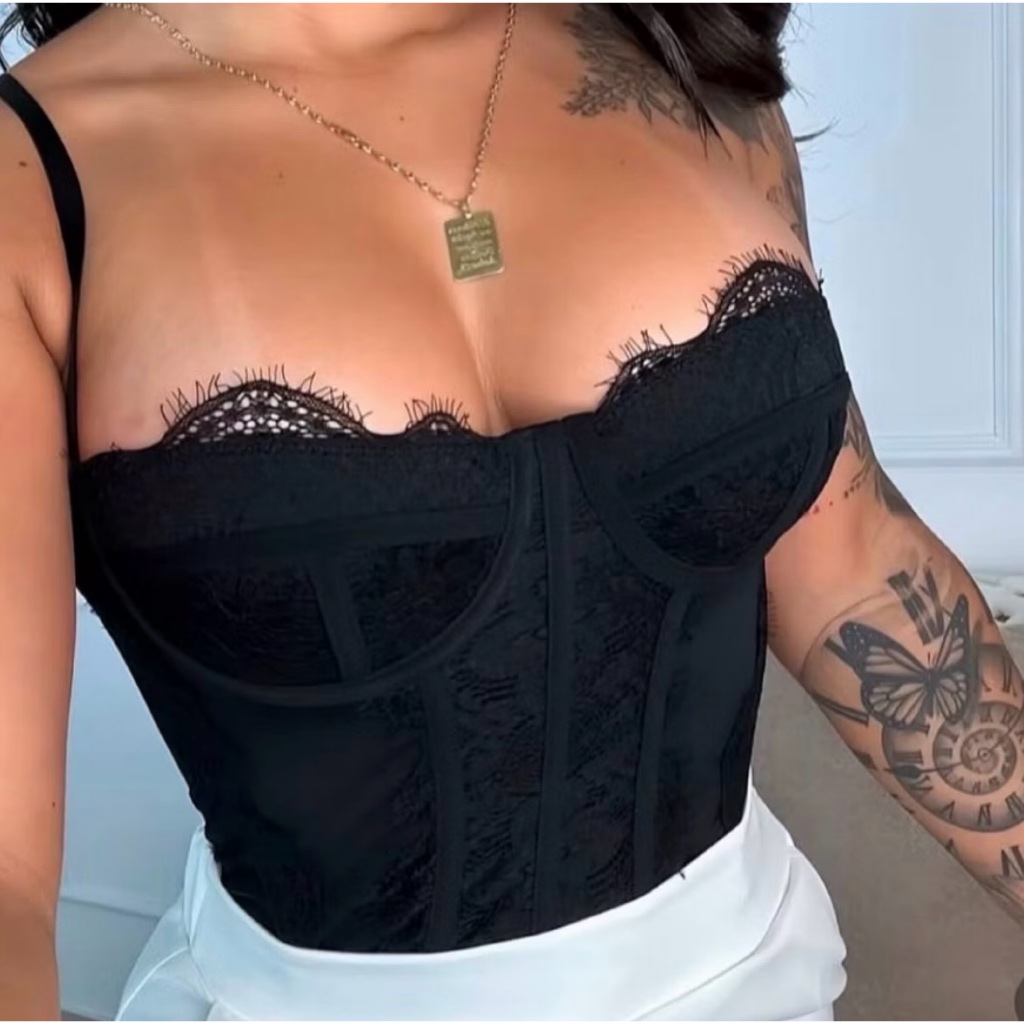 Cropped Corselet Com Renda Feminino Corset Alça Finas Regulagem Cropete sensual verão