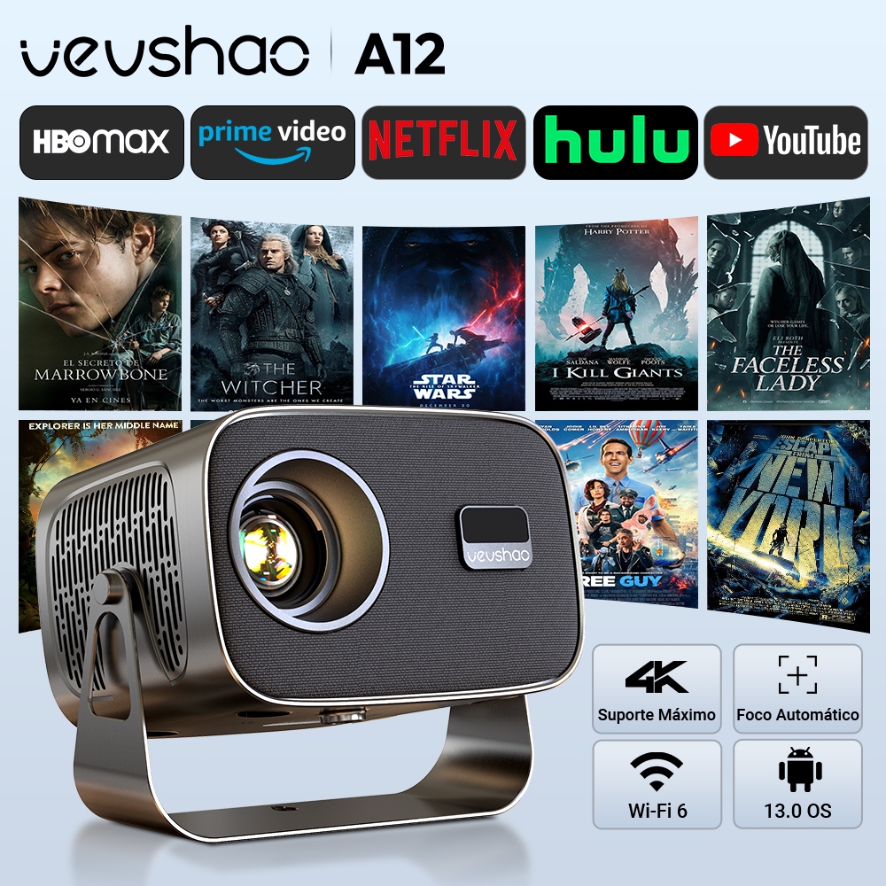 Projetor VEVSHAO A12 Android 13 Com 360 ° Rotação , Suporte 4K , WiFi 6 , Portátil Ao Ar Livre