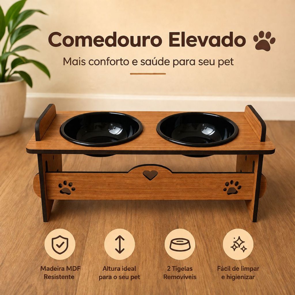 Comedouro Bebedouro Gato e Cachorro Elevado Pet Mdf 6mm Super Resistente