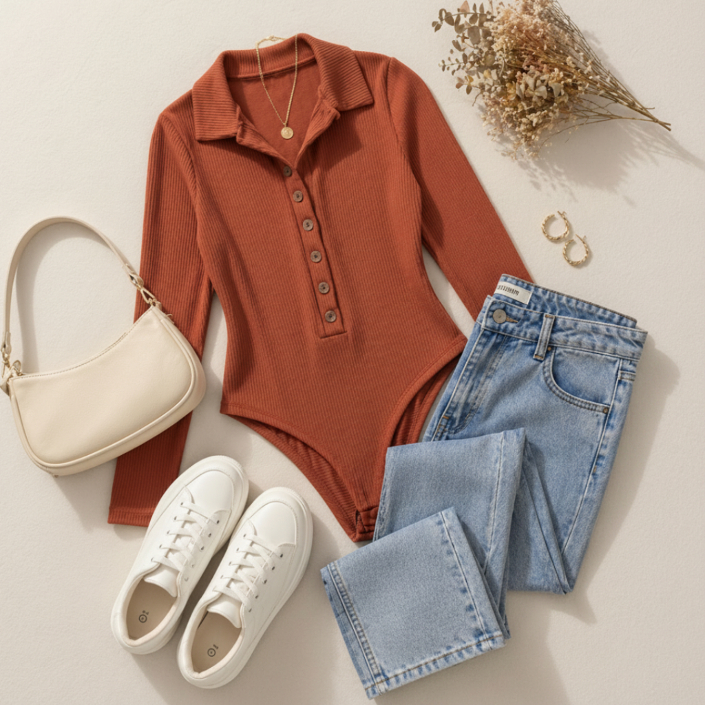 Body Feminino Canelado Manga Longa Gola Polo Botões Ajustável Moda 2026 Básico Elegante