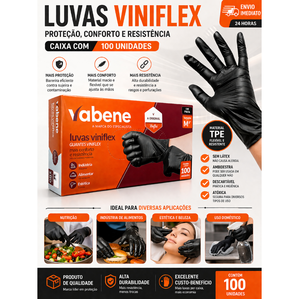Luvas descartáveis pretas viniflex sem pó P M G GG Vabene TPE