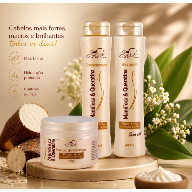 Kit Shampoo + Condicionador + Máscara Mandioca e Queratina Hidratação Brilho Antifrizz Sem Sal