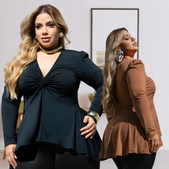 Blusa Plus Size Peplum Bata Vest Leg Manga Longa Babado Mullet Alongada