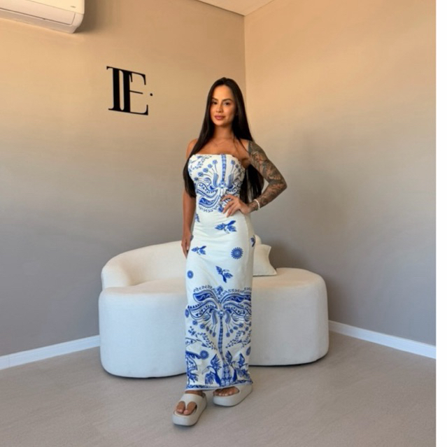 Vestido Acinturado feminino longo Tomara Que Caia Verão Tropical Floral + Coqueiro