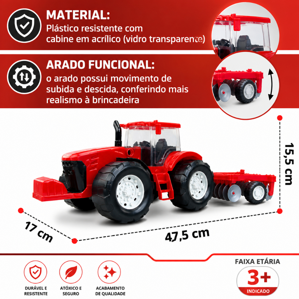 Trator Traçado Grande Com Arado Para Terra Fazenda Brinquedos De Menino Menina Kids Caminhão Veiculo Vermelho Promoção