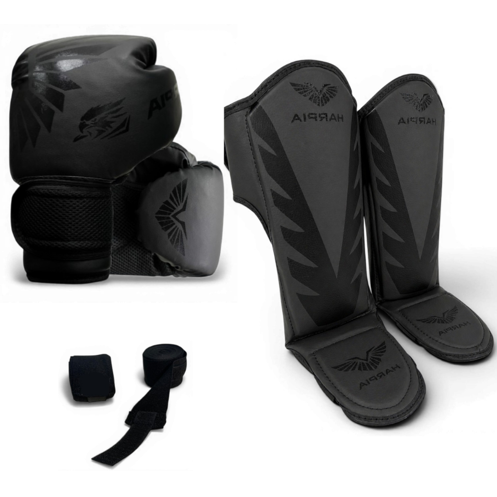 Luva De Boxe Muay Thai Kickboxing + Caneleiras Harpia + Bandagens