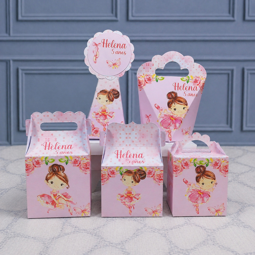 Kit Caixinhas Papelaria Personalizada Bailarina Lembrancinha Surpresa aniversário festa infantil Desmontado
