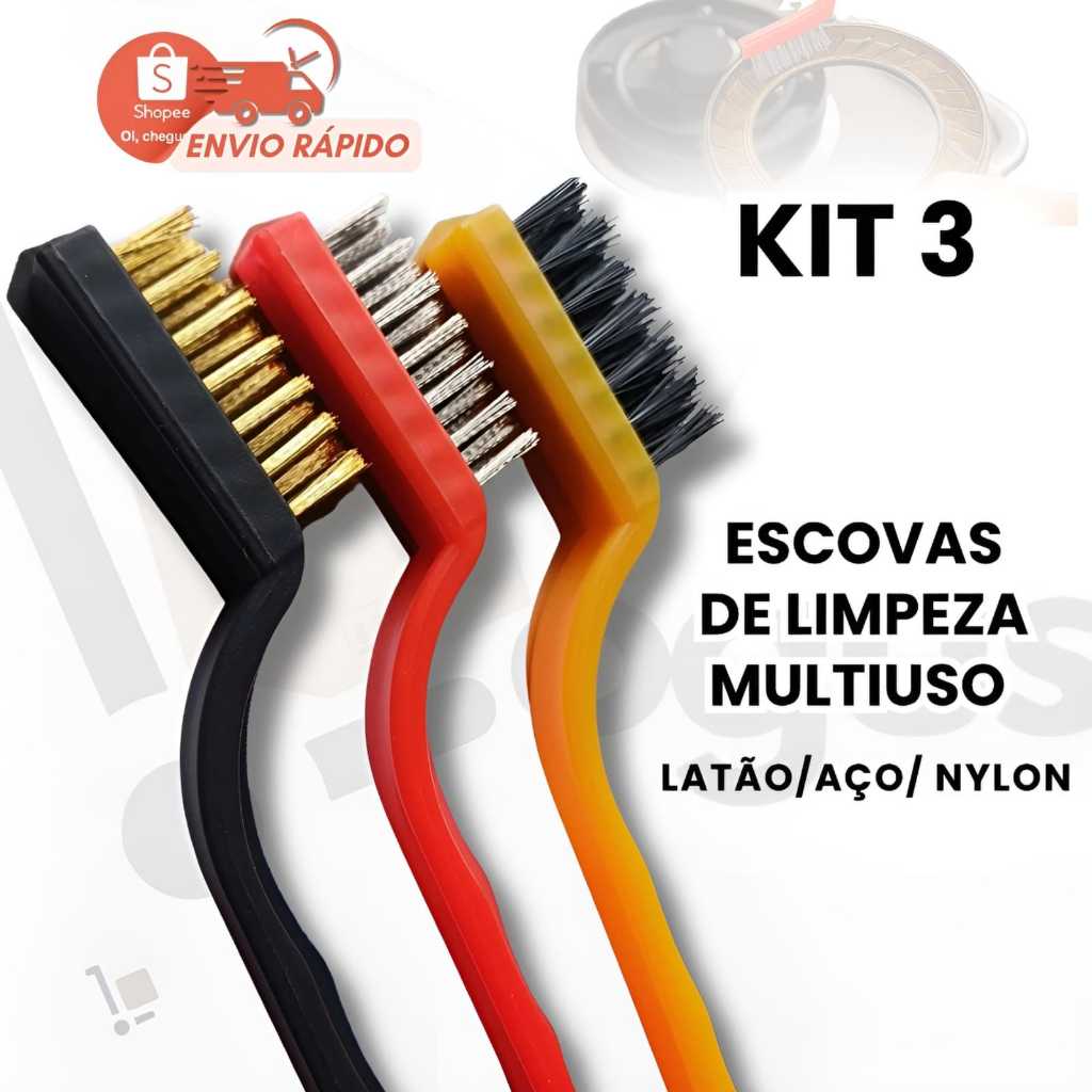 Conjunto de Escovas para Limpeza Multiuso – Nylon, Aço ou Latão para Rejunte, Panela e Grelha
