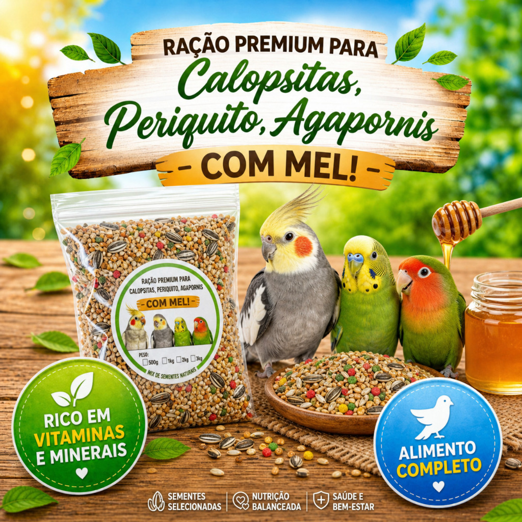 Ração Premium para Calopsitas, Periquito, Agapornis com Mel - Mix de sementes naturais