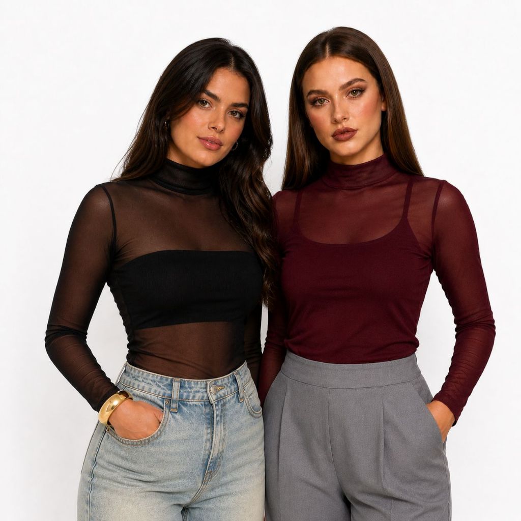 BLUSA de Tule manga longa Malha Transparente Sem Sutiã Moda Casual Tendencia linha premium