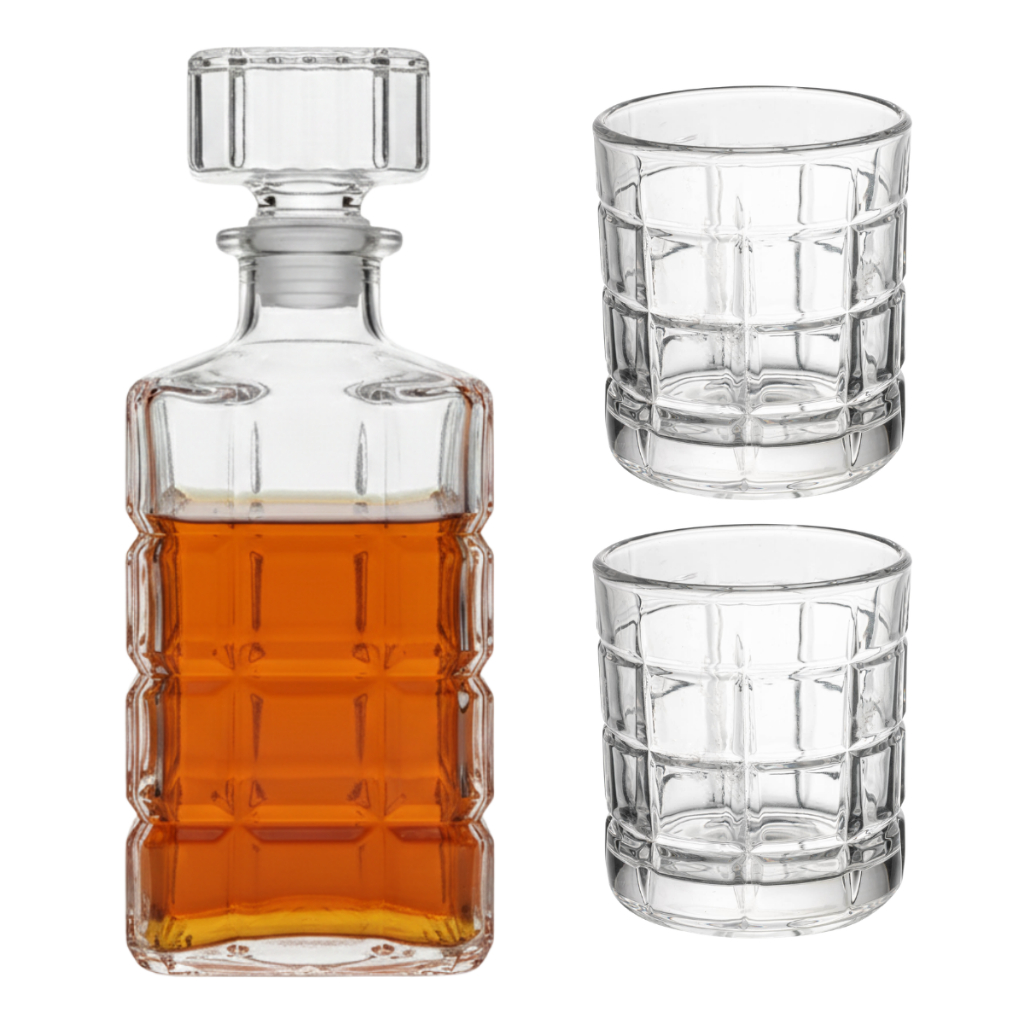 Kit Licoreira Garrafa De Vidro Para Whisky 2 Copos De Whisky Square Mini Bar Em Casa