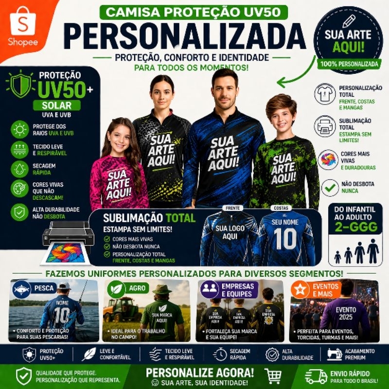Camisa Proteção UV50 personalizada com sua arte Camisa uv pesca piscina praia masculino feminino uniformes para empresas