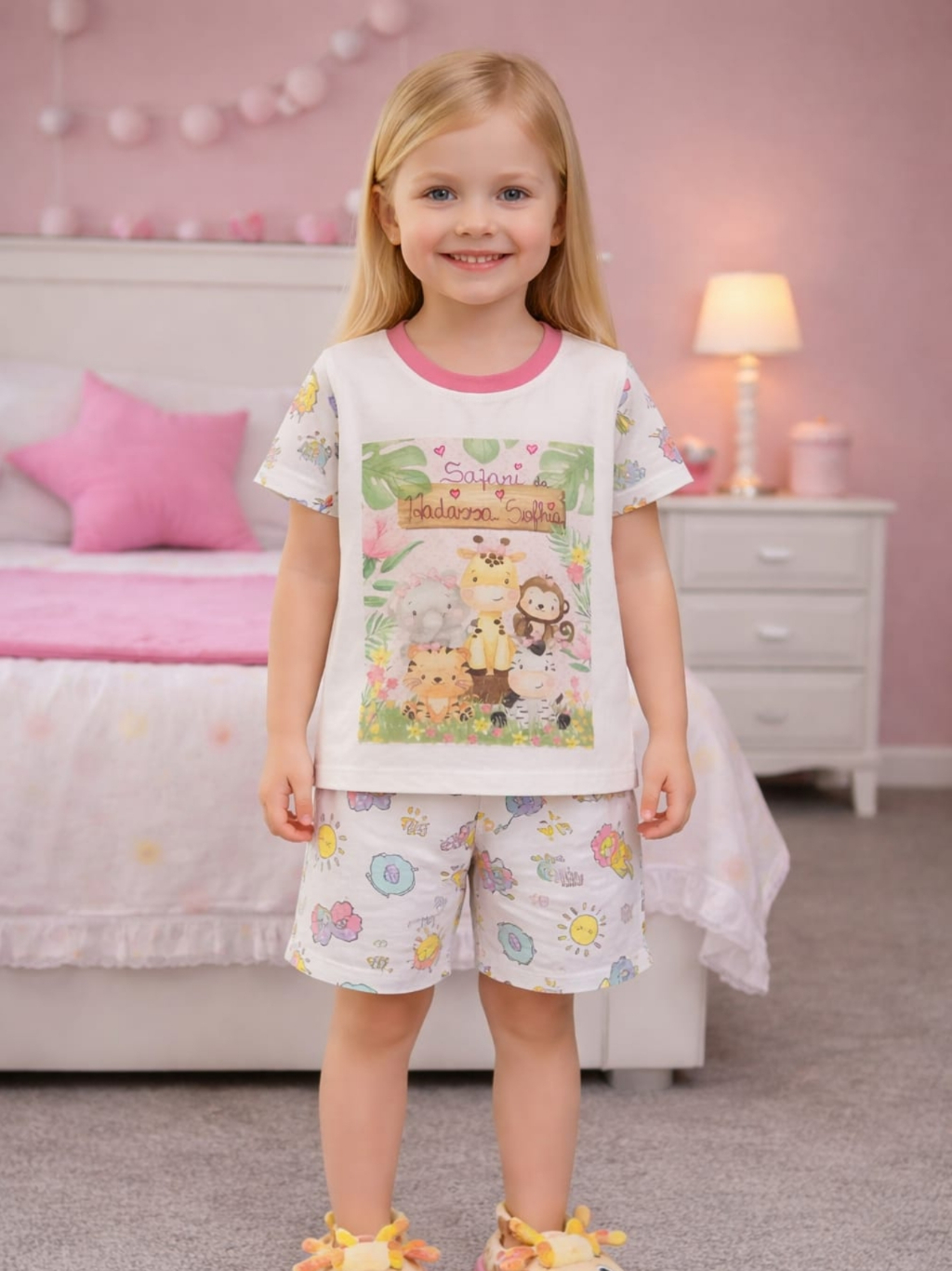 Pijama Infantil Feminino Verão Conjunto Short e Camisa Malha Confortável Personalizado 1 ao 12 Anos