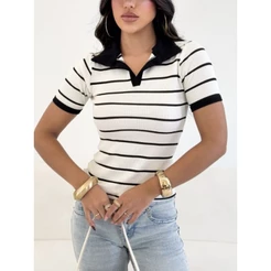 Blusa Polo Listrada Feminina Manga Curta Alta Elasticidade Ribana Premium