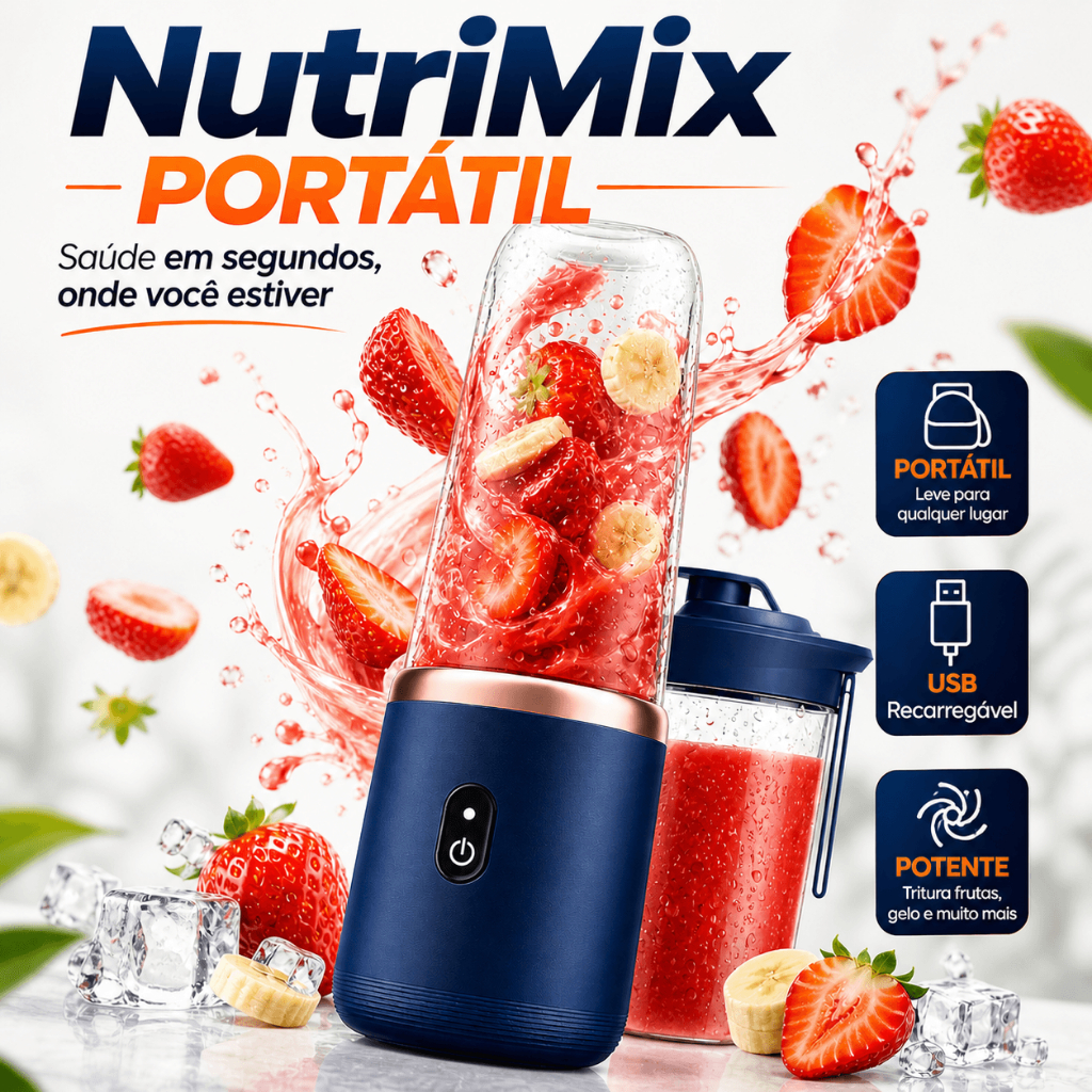 Liquidificador Portátil Potente 6 Lâminas USB Recarregável 400ml Faz Shake Suco Detox em segundos com o NutriMix