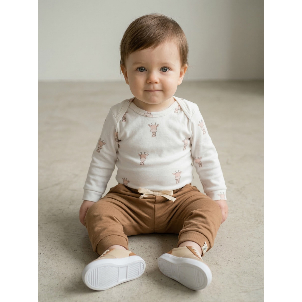 Conjunto Body Bebê Menina Suedine 100% Algodão Estampa Girafa + Calça Caramelo 2 peças Inverno