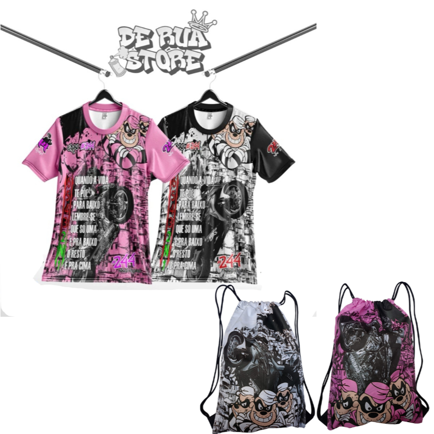 Kit Casal 2 Camisetas + 2 Sacochilas Coyote® DeRua Grau 244 Favela Irmãos Metralha