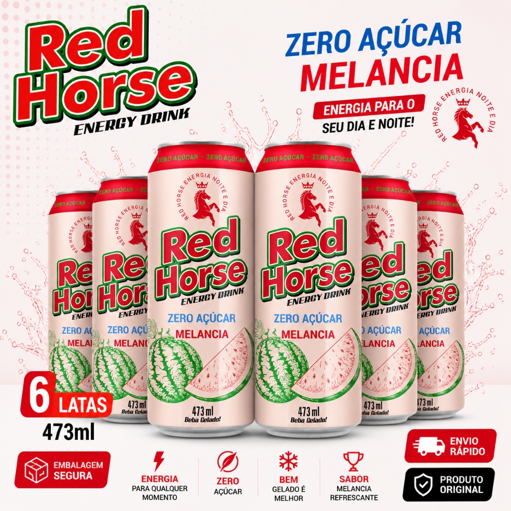 Red Horse Zero Açúcar Melancia 473ml Pack 6 12 24 Latas Energético Original