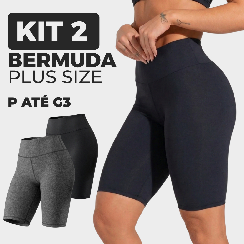 Kit 2 Bermuda Feminina Ciclista Plus Size Legging Com Cós Alto Zero Transparência Academia Fitness