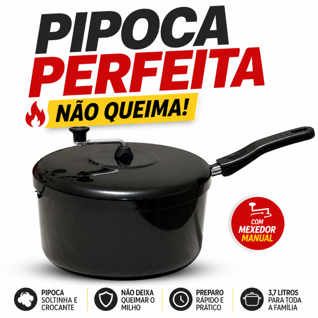 Pipoqueira 3,7L Alumínio Não Queima Pipoca com Manivela Fogão Rápida e Uniforme
