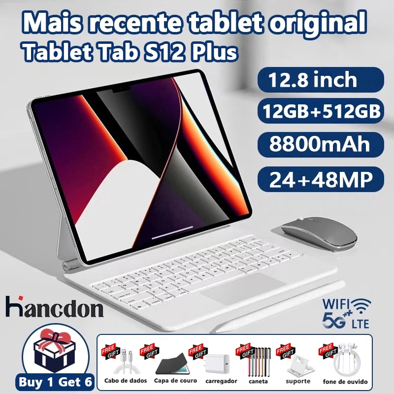 【Teclado e mouse gratuitos】Tablet  S12 Plus Tab Pad Memoria 12GB+512GB 12.8 PolegadasTela Grande Android Dual SIM