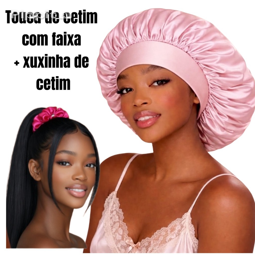 Touca de Cetim com Faixa + Xuxinha Antifrizz, Não Amassa, Ideal para Dormir Todos os Tipos de Cabelo