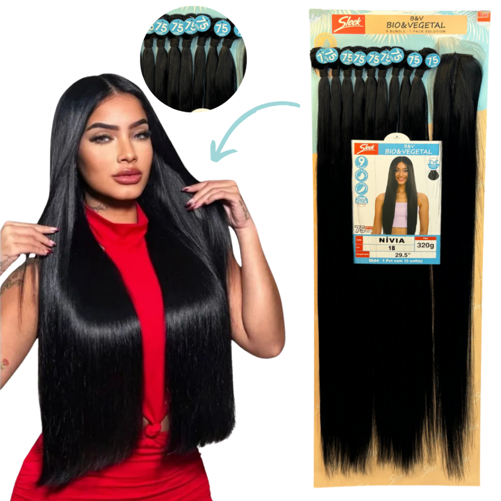 Cabelo Bio Vegetal Liso Nivia Sleek 9 Telas 75cm 320g + Closure Idêntico Ao Humano