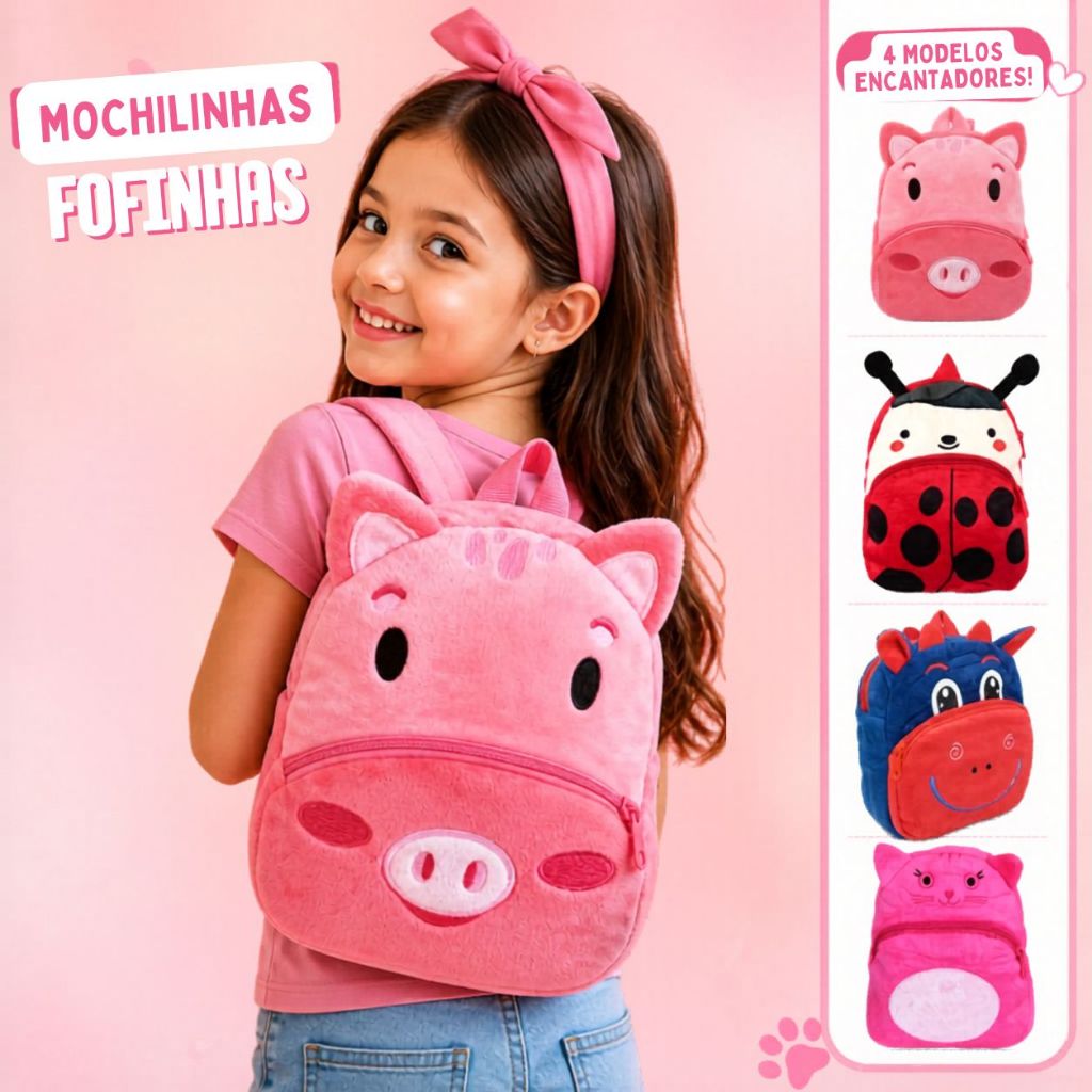 Mochila Infantil de Pelúcia Bichinhos Animais Escolar Creche Passeio
