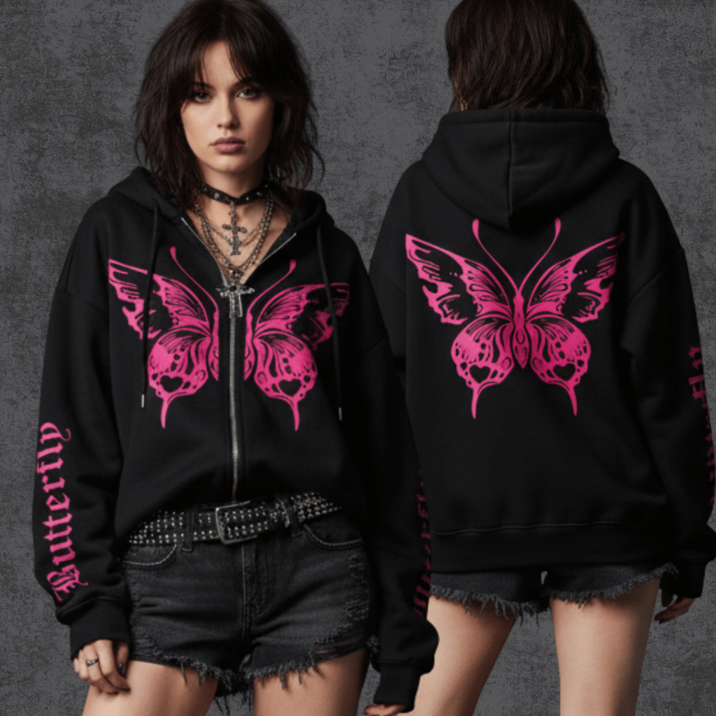 Moletom Com Zíper Butterfly Y2K Gótico Grunge Alternativo Borboleta Dark Emo Com Peluciado