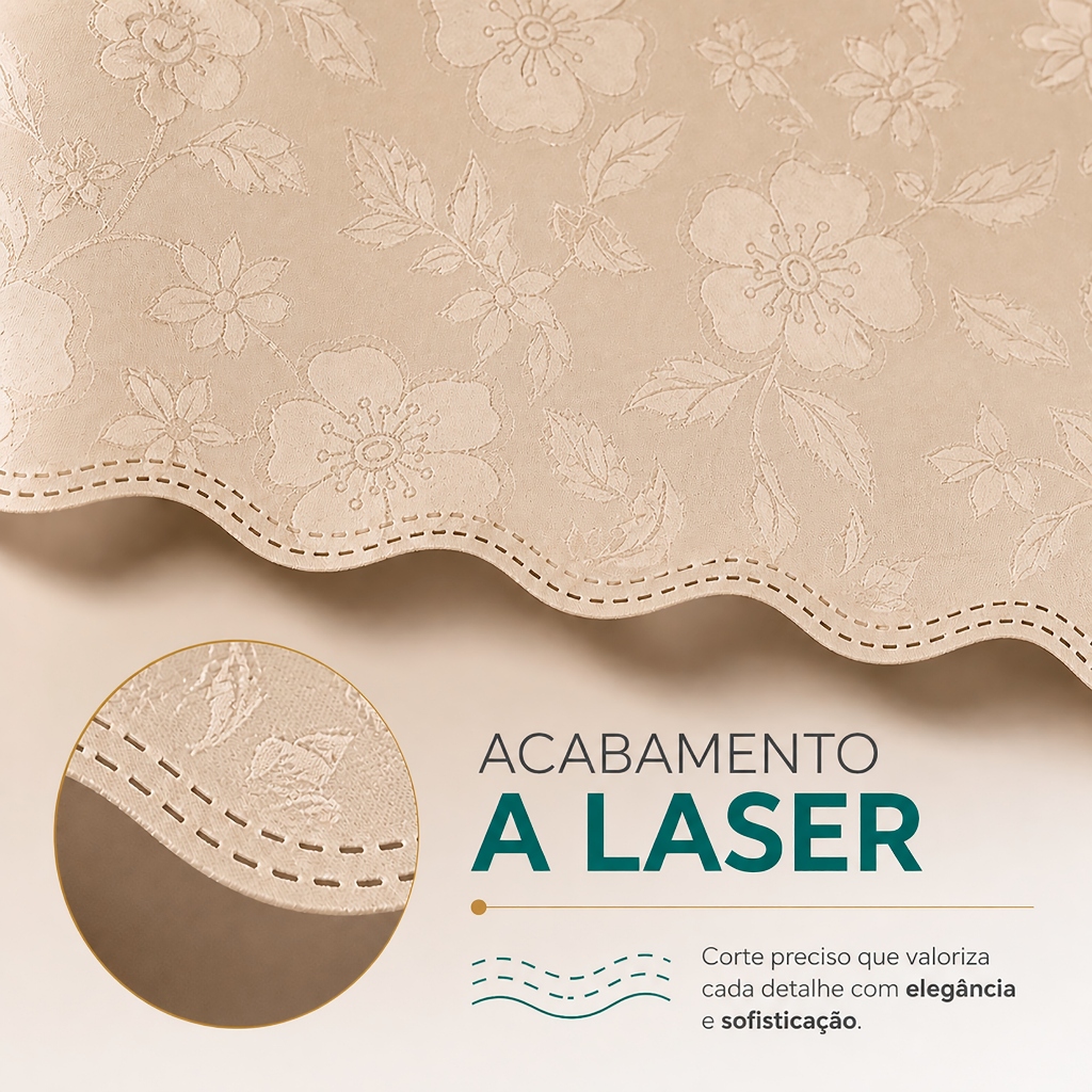 Detalhes do Toalha de Mesa Impermeável - Bege/Branca - 4, 6 ou 8 Lugares - ACABAMENTO A LASER