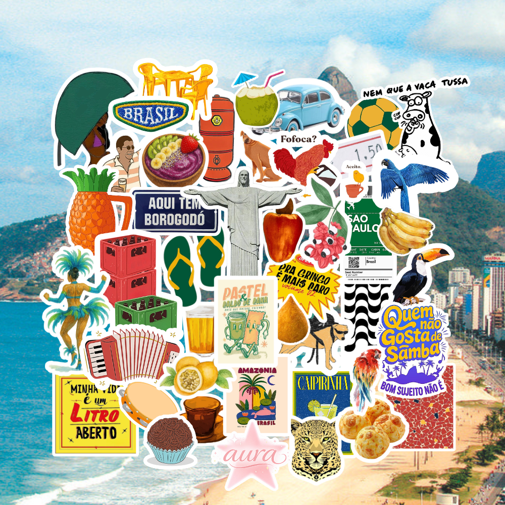 44 Adesivos Brasilidade Vinil Impermeável Stickers para Kindle, Caderno, Garrafinha, Scrapbook e Journal