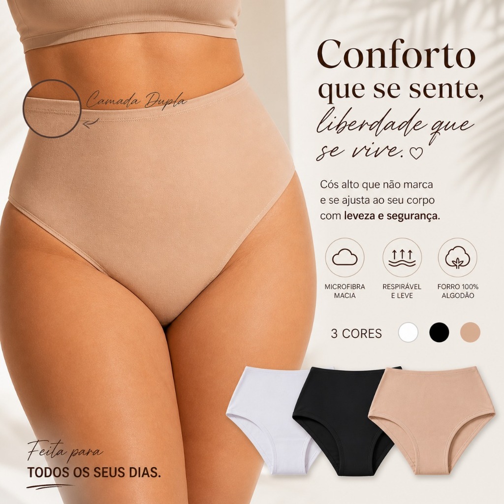 Kit 3 Calcinhas Plus Size Cós Alto Fio Duplo Lingerie Feminina Modeladora Do 48 ao 62