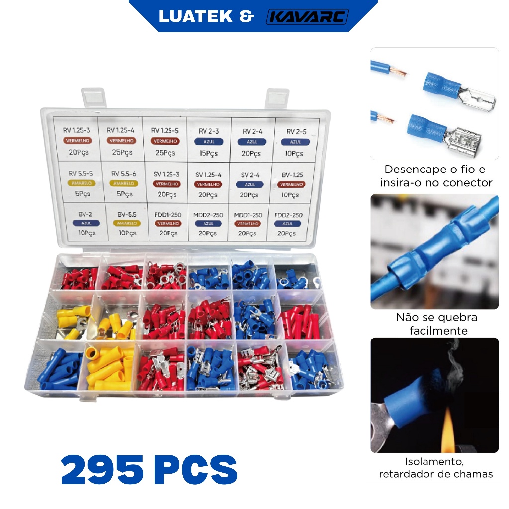 Kit 295PCS Terminal Elétrico Conector de Cabo Compatível com 0.5-6mm² (22-10AWG) Isolamento de PVC