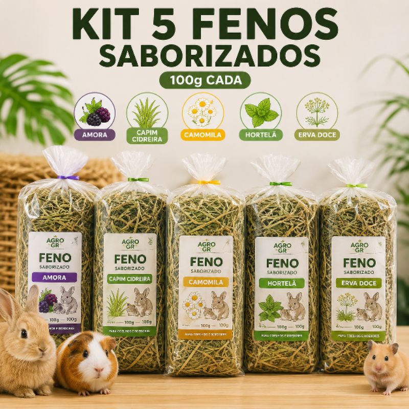 Kit 5 Fenos Saborizados Para Roedores 100g Cada Premium Coelho Porquinho da Índia Hamster